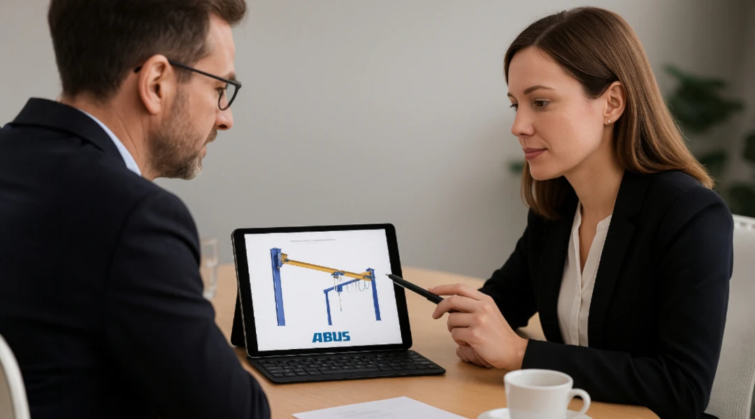 Asesoría técnica — propuesta de grúa pluma ABUS | Izacorp Kransysteme Asesoría técnica de Izacorp presentando grúa pluma ABUS en tablet a un cliente industrial